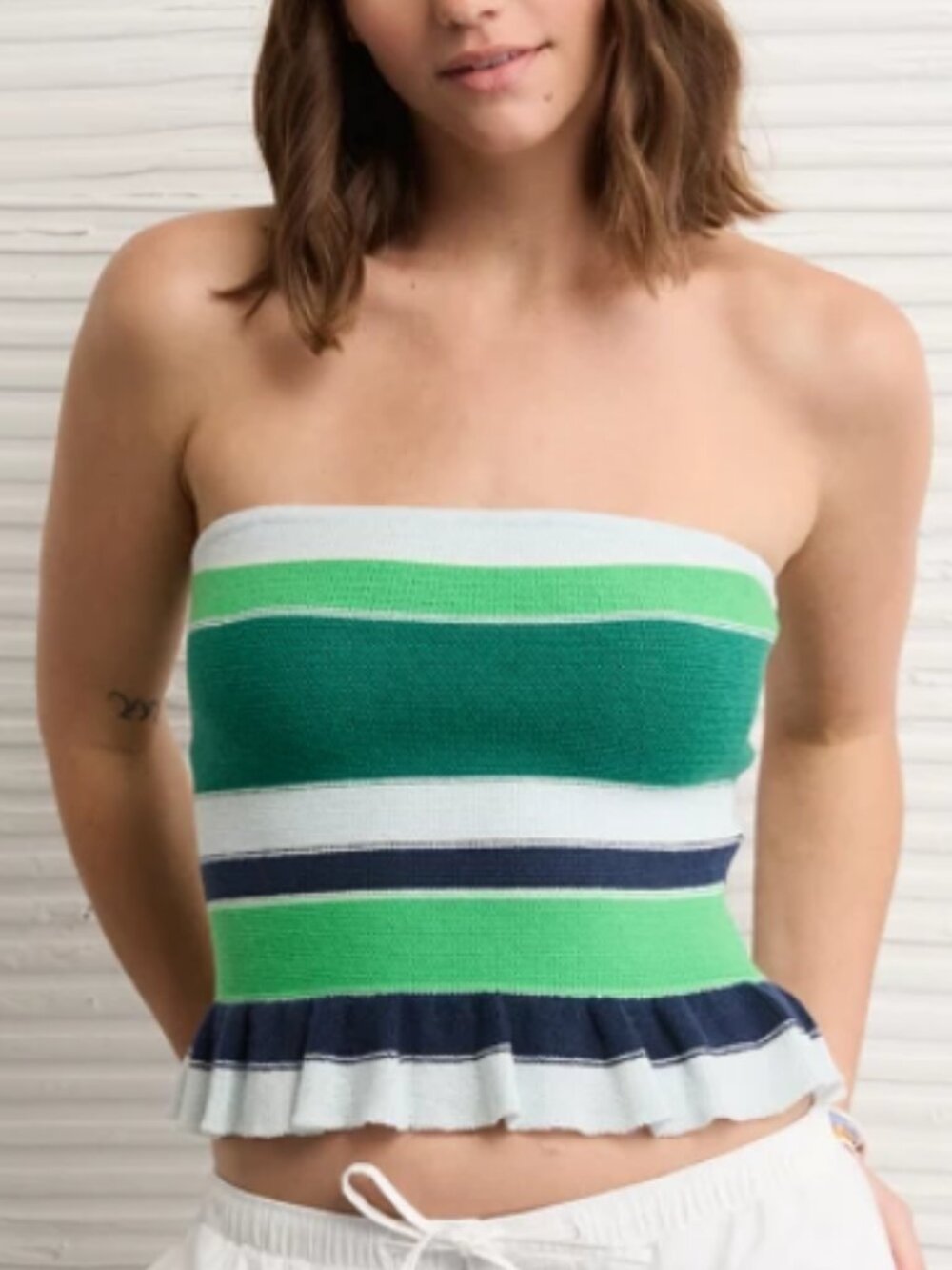 AE Cropped Peplum Sweater Tube Top - NWT Green Blue Stripe